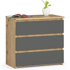 Noptiera cu 3 sertare, PAL laminat 16 mm, 60x35x57 cm, stejar artisan si gri