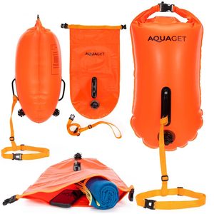 Geanta de inot cu spatiu depozitare uscat 2 in 1, geamandura gonflabila de siguranta, etansa cu 2 camere de aer, 36 L, fluier de urgenta incorporat, 54x27x21 cm, portocaliu fluorescent