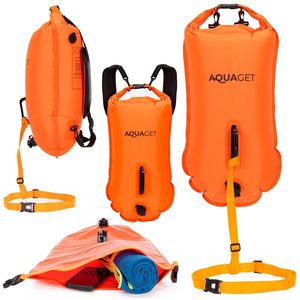 Geanta de inot tip rucsac, cu spatiu depozitare uscat 2 in 1, geamandura gonflabila de siguranta, etansa cu 2 camere de aer, 35 L, fluier de urgenta incorporat, 60x29x22 cm, portocaliu fluorescent