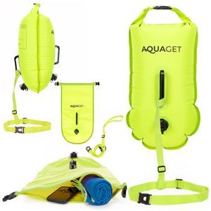 Geanta de inot cu spatiu depozitare uscat 2 in 1, geamandura gonflabila de siguranta, etansa cu 2 camere de aer, 15 L, fluier de urgenta incorporat, 50x25x22 cm, verde fluorescent