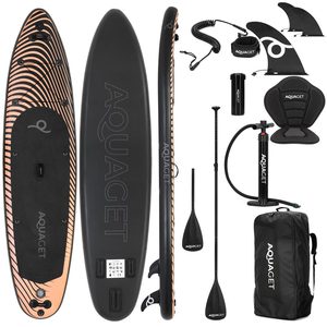 Set placa gonflabila Stand Up PaddleBoard 350x84x15 cm, cu pompa, scaun kayak, kit de reparatii, geanta de transport, vasla 2 in 1, maxim 220 kg, negru portocaliu