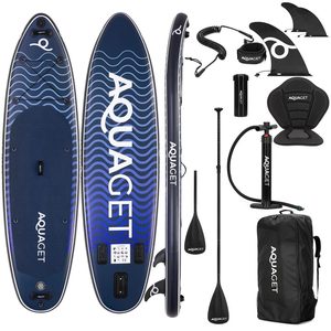 Set placa gonflabila Stand Up PaddleBoard 320x84x15 cm, cu pompa, scaun kayak, kit de reparatii, geanta de transport, vasla 2 in 1, maxim 180 kg, albastru