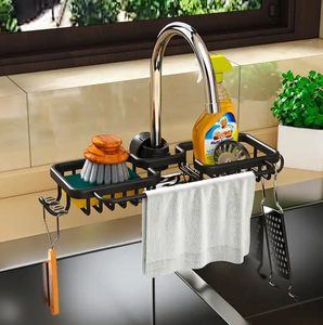 Raft organizator dublu, universal pentru bucatarie sau baie, montaj pe robinet, material otel, culoare Neagra