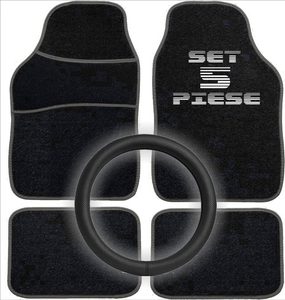 Set Auto Essential – 5 piese, Covorase Universale Mocheta + Husa Volan Piele Ecologica Perforata, Negru