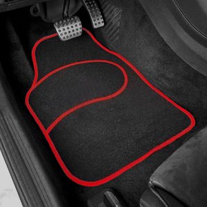 Set 4 Covorase auto din Mocheta, model Universal, culoare Negru cu margine Rosie, dimensiuni fata 64 x 44cm | spate 44 x 29cm