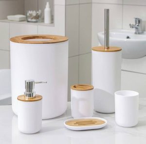Set Elegant pentru baie format din 6 piese, ABS + lemn, culoare alb/maro