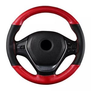 Husa volan din Piele Neagra Perforata + Carbon Red si ata rosie pentru cusut, marime M, diametru 37 - 39 cm