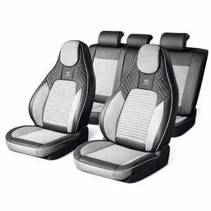 Set huse scaune auto Premium, model BLAZE Prime, design Sportiv,  universale, ergonomice, Piele Ecologica cu insertii textile, culoare Negru/Gri