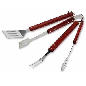 Set 3 ustensile pentru gratar din inox cu maner din lemn, spatula, furculita si cleste