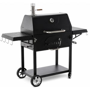 Gratar carbuni cu capac si termometru, grill fonta, rafturi laterale, roti pentru deplasare, 153x65x137 cm, negru
