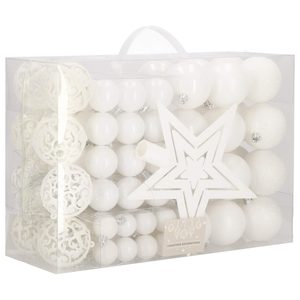 Set globuri si decoratiuni de Craciun, 100 piese, diverse dimensiuni cu stea, alb