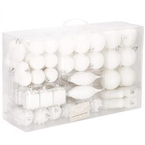 Set globuri si decoratiuni de Craciun, 72 piese, diverse dimensiuni, alb