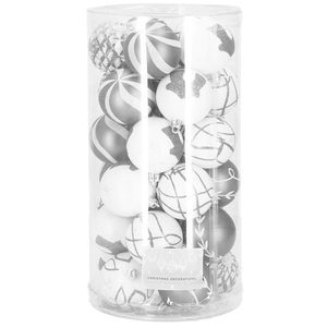 Set globuri de Craciun cu modele de sarbatori, 30 bucati, 6 cm, argintiu