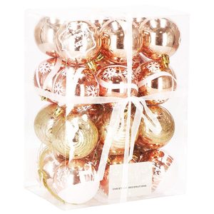 Set globuri de Craciun cu modele de sarbatori, 24 bucati, 6 cm, rose