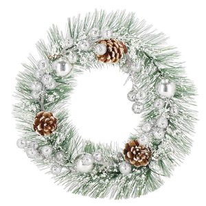 Coronita pentru Craciun, 24 cm, din brad artificial, cu conuri si zapada, verde