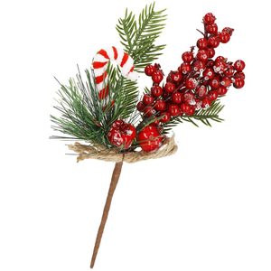 Ramura decorativa Craciun cu fructe rosii, acadea si sfoara iuta, 24 cm, rosu