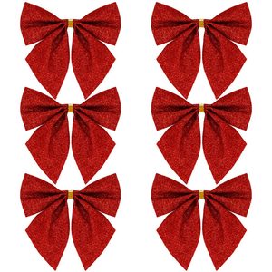 Set 6 ornamente pentru bradul de Craciun, fundita, 8cm, rosu cu sclipici