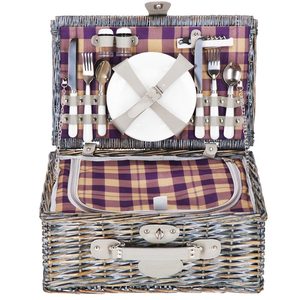 Cos de picnic echipat pentru 4 persoane Deluxe, din rachita, cu vesela si tacamuri, izolat termic, gri