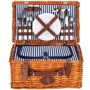 Cos de picnic echipat pentru 4 persoane Deluxe, din rachita, cu vesela si tacamuri, frigorific