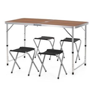 Set masa pliabila de camping cu 4 scaune, inaltime reglabila, aluminiu si MDF, 120x60x71 cm, maro si argintiu