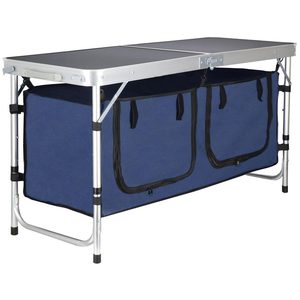 Masa pliabila pentru camping cu organizator suspendat, inaltime reglabila, aluminiu si MDF, 120x47x71 cm, negru si argintiu