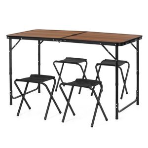 Set masa pliabila de camping cu 4 scaune, inaltime reglabila, aluminiu si MDF, 120x60x71 cm, maro si negru