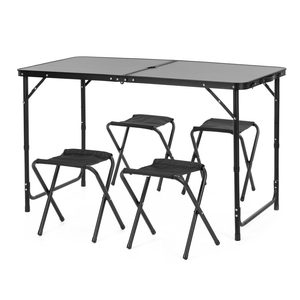 Set masa pliabila de camping cu 4 scaune, inaltime reglabila, aluminiu si MDF, 120x60x71 cm, negru