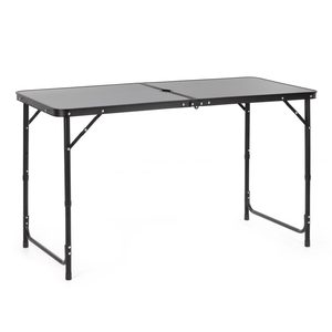 Masa pliabila pentru camping cu suport umbrela, reglabila pe inaltime, aluminiu si MDF, 120x60x71 cm, negru si gri