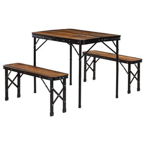 Set masa pliabila cu 2 banci pentru camping, reglabila pe inaltime, MDF si aluminiu, 90x60x70 cm, maro si negru