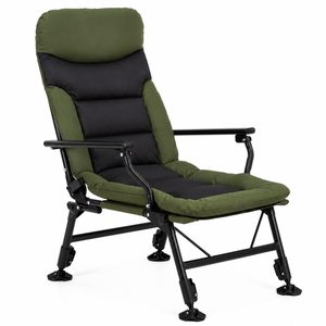 Scaun pliabil premium pentru pescuit sau camping, reglabil in 5 pozitii, picioare reglabile pe inaltime, 72x60x102 cm, 180 kg, verde inchis