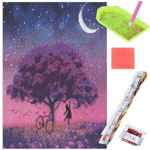 Set de broderie cu diamante 5D, 30x40cm, model Pom inflorit sub luna