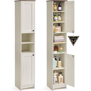 SONGMICS Dulap de baie ingust, cu rafturi reglabile si 2 compartimente deschise, PAL si MDF, 30x30x170 cm, alb rustic