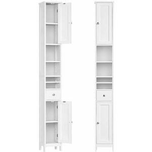 VASAGLE Dulap inalt pentru baie, ingust tip coloana, cu sertar, rafturi reglabile si compartimente deschise, MDF, 21x20x180 cm, alb