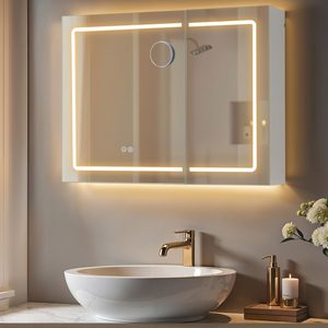 VASAGLE Dulap pentru baie cu oglinda si iluminare LED reglabila, functie anti-abur, USB si prize integrate, 80x17x60 cm, alb