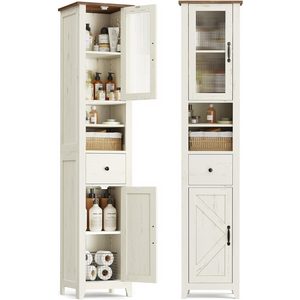 VASAGLE Dulap baie ingust Liry, tip coloana, cu sertar, compartimente deschise si usi, MDF, 33x32x171 cm, alb rustic