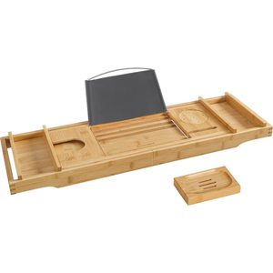 SONGMICS Tava extensibila pentru cada din bambus, cu suport pentru carte, pahar si sapun, (75-109)x23x5 cm, natur
