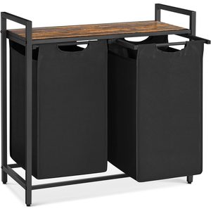 VASAGLE Cos de rufe, 2 compartimente, saci de rufe detasabili, raft, cadru metalic, 2x46L, 73x33x72 cm, maro rustic si negru
