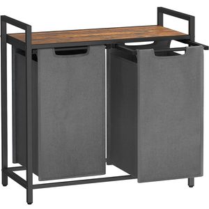 VASAGLE Cos de rufe, 2 compartimente, saci de rufe detasabili, raft, cadru metalic, 2x46L, 73x33x72 cm, maro rustic si gri