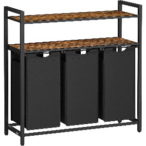 VASAGLE Cos de rufe cu 3 saci detasabili, 3x40 litri, 2 rafturi, structura metalica, stil industrial, 92x33x92 cm, maro rustic