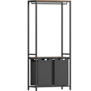 VASAGLE Cos de rufe, 2 compartimente, saci de rufe detasabili, 2 rafturi, tija umerase, 2x46L, 73x33x177cm, maro rustic