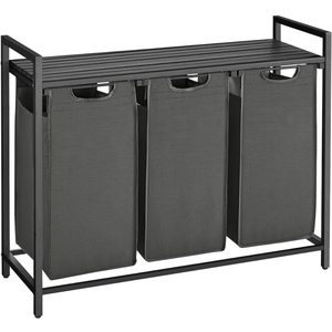 VASAGLE Cos de rufe, 3 compartimente, saci de rufe detasabili, raft, cadru metalic, 3x38L, 93x33x72 cm, negru
