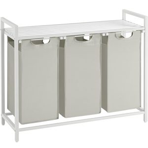 VASAGLE Cos de rufe, 3 compartimente, saci de rufe detasabili, raft, cadru metalic, 3x38L, 93x33x72 cm, alb