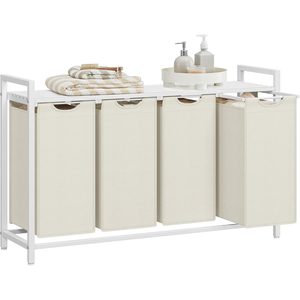 VASAGLE Cos rufe 4x40L, saci detasabili, raft superior si cadru metalic, 116x33x72 cm, alb si crem