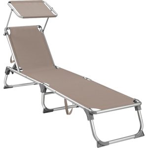 SONGMICS Sezlong pliabil, cadru usor din aluminiu, cu parasolar, spatar reglabil in 5 pozitii, maxim 150kg, 193x55x31cm, taupe