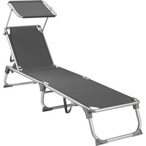 SONGMICS Sezlong pliabil, cadru usor din aluminiu, cu parasolar, spatar reglabil in 5 pozitii, maxim 150kg, 193x55x31cm, gri