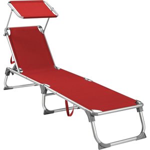 SONGMICS Sezlong pliabil, cadru usor din aluminiu, cu parasolar, spatar reglabil in 5 pozitii, maxim 150kg, 193x55x31cm, rosu