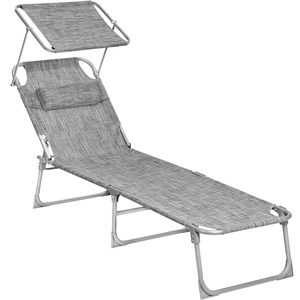 SONGMICS Sezlong pliabil, cu parasolar si tetiera, spatar reglabil in 4 pozitii, maxim 150kg, 193x53x29cm, gri deschis