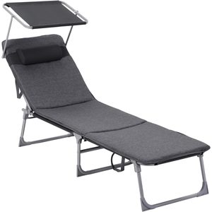 SONGMICS Sezlong pliabil, cu saltea, parasolar si tetiera, spatar reglabil in 4 pozitii, maxim 150kg, 193x53x30 cm, gri