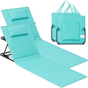 SONGMICS Set 2 sezlonguri plaja pliabile, spatar reglabil in 4 pozitii, tetiera, buzunar depozitare, 158x55 cm, albastru turqoise