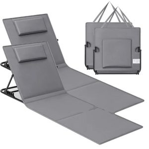 SONGMICS Set 2 sezlonguri plaja pliabile, spatar reglabil in 4 pozitii, tetiera, buzunar depozitare, 158x55 cm, gri